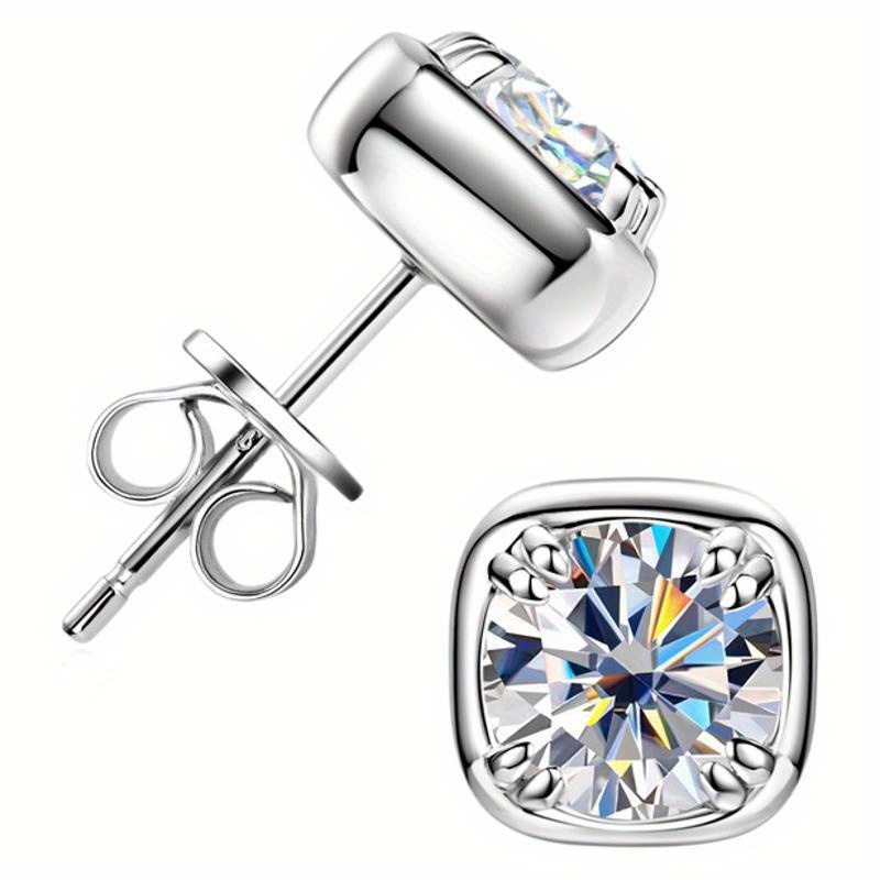 925 Silver Moissanite Square Stud Earrings, Unisex Gift